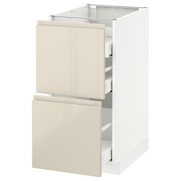METOD kitchen cabinet with white high gloss beige drawers & steel runners, modern and minimalist design.