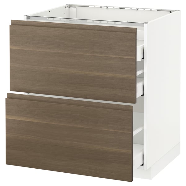 METOD kitchen unit: white with dark walnut drawers, two deep drawers, sleek minimalist design.