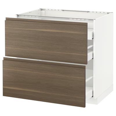 Ikea METOD kitchen unit, dark walnut, wood grain, white frame, two drawers.
