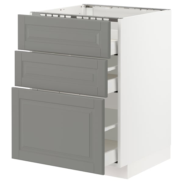 METOD kitchen cabinet, grey, three drawers, white frame, modern design.