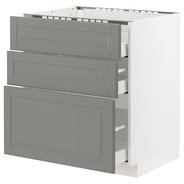 Modern grey kitchen unit with three drawers, sleek design.