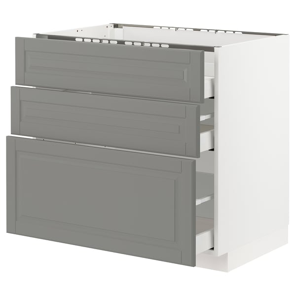 A grey METOD kitchen cabinet with multiple drawers. It a modern design with smooth-running drawers and bevelled edges.