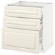 A white METOD kitchen cabinet with three off-white bodbyn drawers and a door. Square, clean design with a traditional feel.