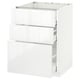 White modern kitchen cabinet with three drawers and sleek, glossy finish.