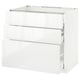 Modern white kitchen cabinet with three drawers and glossy design.