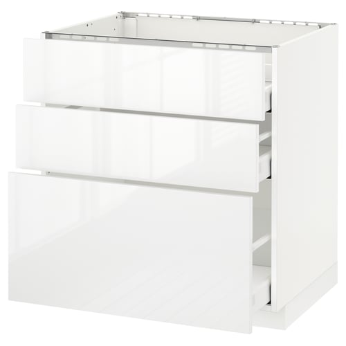 White METOD kitchen cabinet with glossy finish, rectangular shape, and multiple drawers.