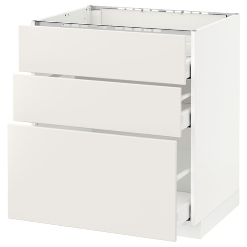 METOD white kitchen cabinet with three drawers, sleek and smooth design.