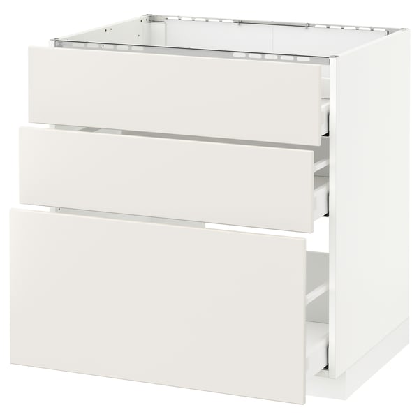 A white METOD kitchen cabinet with three drawers in a sleek, modern design.