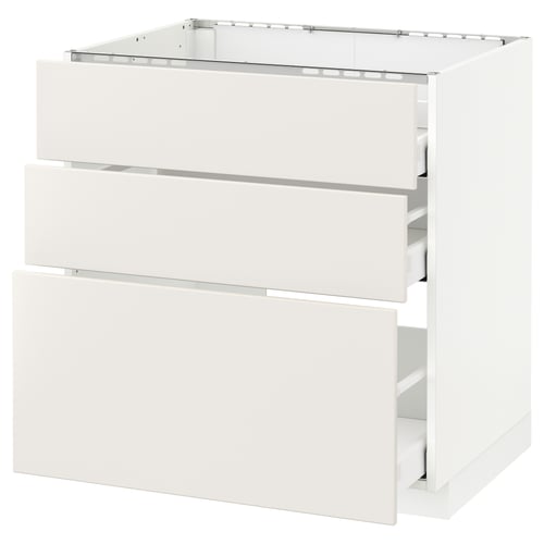 A white METOD kitchen cabinet with three drawers in a sleek, modern design.