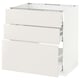 A white METOD kitchen cabinet with three drawers in a sleek, modern design.