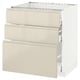 A white and beige ikea METOD kitchen cabinet with three drawers and a smooth glossy finish.