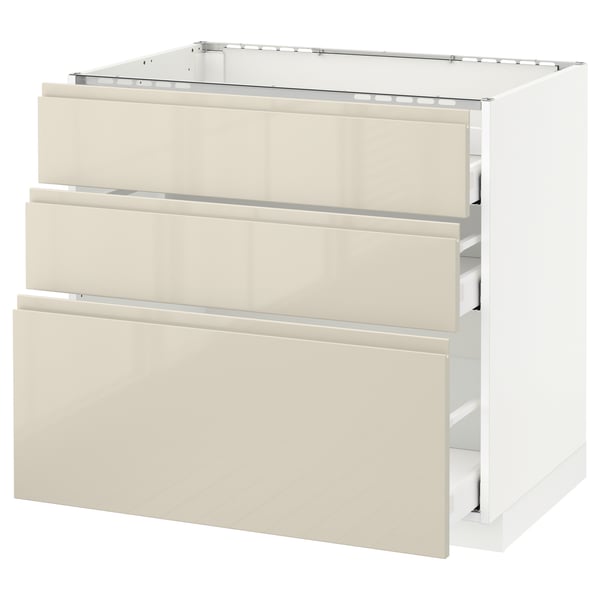Modern kitchen unit, white-beige, 3 drawers, sleek design, metallic handles.
