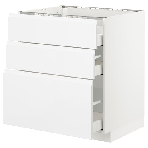 METOD white kitchen unit, glossy finish, 3 drawers, sleek handles.
