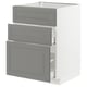 METOD kitchen units in grey with bevelled edges, featuring three drawers and a cabinet.
