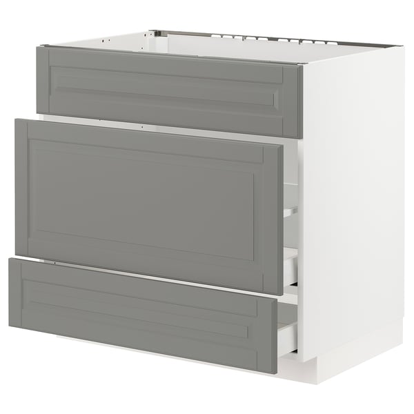 Grey METOD kitchen cabinets with drawers and adjustable shelves.