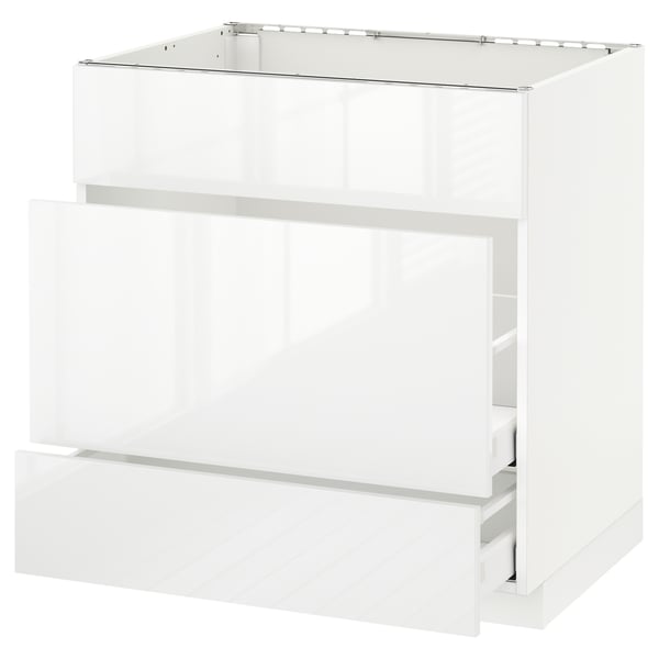White modern kitchen cabinet with glossy finish and sleek handles. Two drawers for storage. Durable and easy to clean.