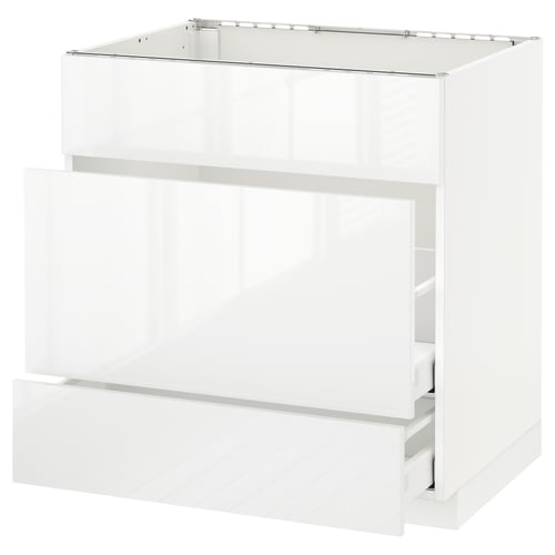 White modern kitchen cabinet with glossy finish and sleek handles. Two drawers for storage. Durable and easy to clean.