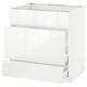White modern kitchen cabinet with glossy finish and sleek handles. Two drawers for storage. Durable and easy to clean.