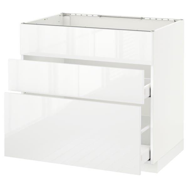 A white ikea METOD kitchen cabinet with high-gloss, smooth-running drawers.