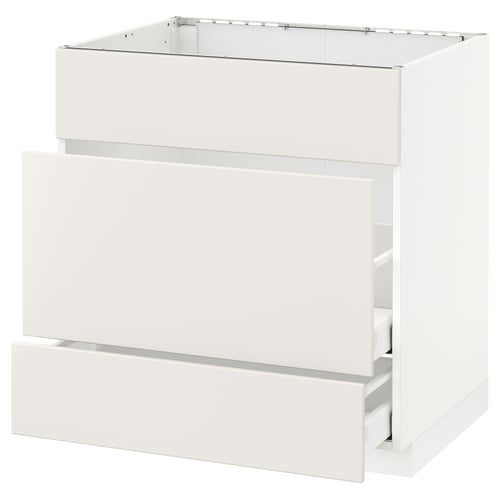 This image shows a white METOD kitchen cabinet from ikea with a sleek design and smooth surfaces. It has one open drawer and is ready for assembly.