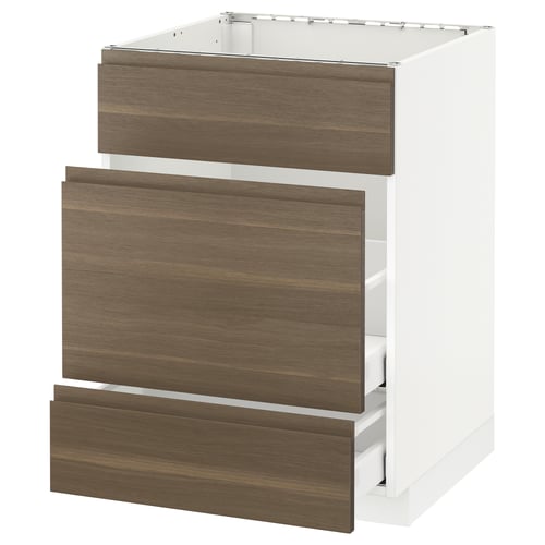 White METOD kitchen unit with 3 walnut drawers.