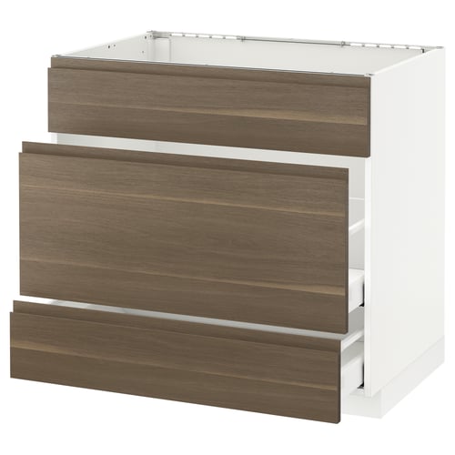 White and dark walnut effect kitchen cabinet with drawers.