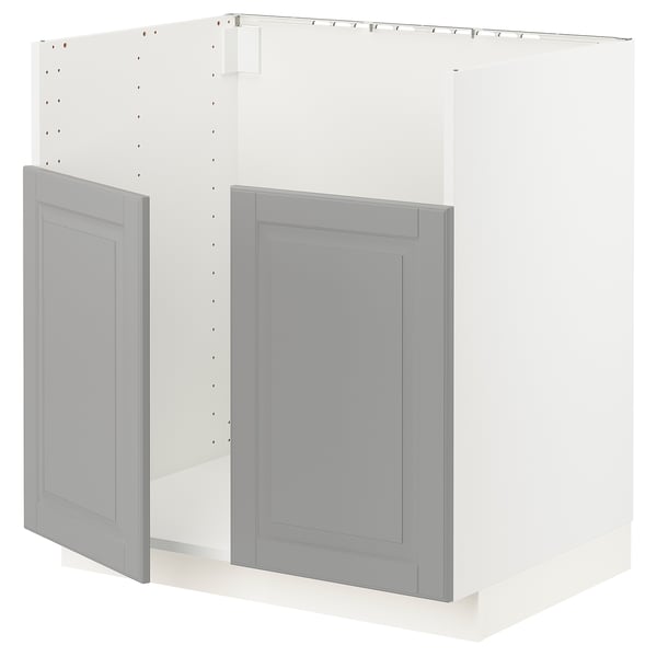 White and grey kitchen cabinet with bevelled edges.