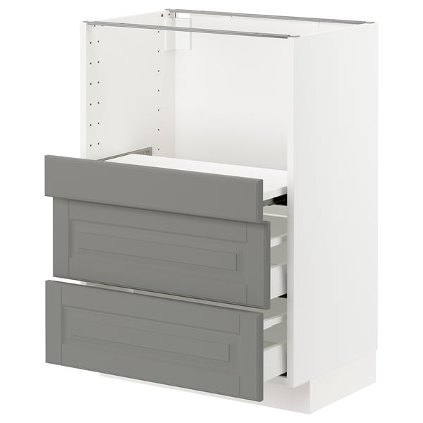 METOD kitchen cabinet, grey, flat design, three drawers, sturdy white frame.