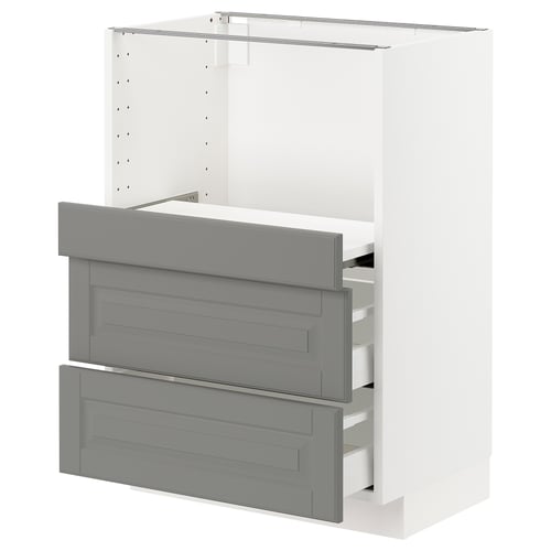 METOD kitchen cabinet, grey, flat design, three drawers, sturdy white frame.
