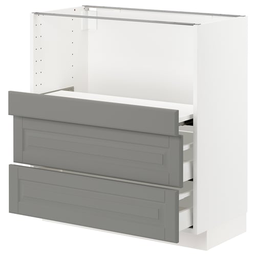 Soft grey METOD kitchen unit with 3 drawers and shelves. Modern, rectangular design.