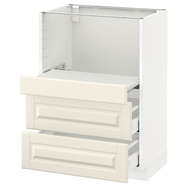 METOD kitchen unit in off-white with bevelled drawers, fully assembled.