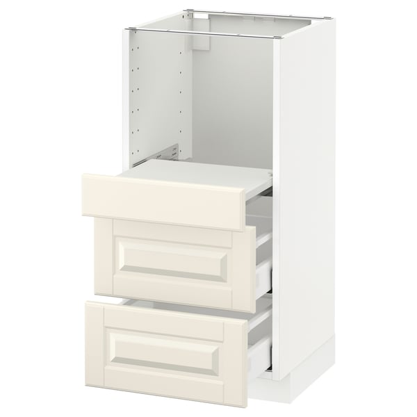 METOD kitchen cabinet in off-white with two drawers, made of fiberboard and melamine. Vertical rectangular shape with bevelled drawer edges.