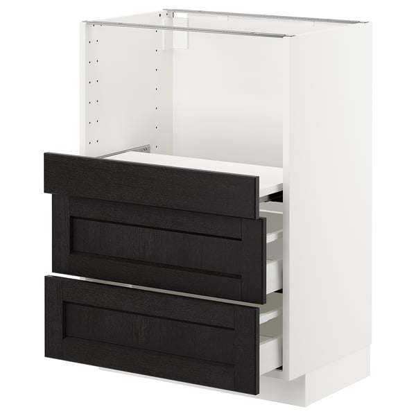 An ikea METOD kitchen cabinet with a black stained lerhyttan finish, featuring two drawers and a pull-out shelf.