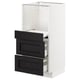 Modern white kitchen cabinet with black wood drawers, rectangular shape, sleek design.