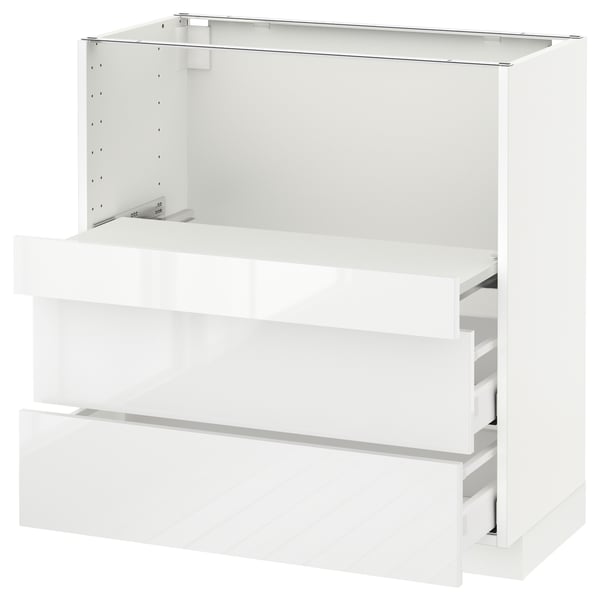 White modern kitchen cabinet with three drawers and metallic frame.