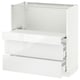 White modern kitchen cabinet with three drawers and metallic frame.
