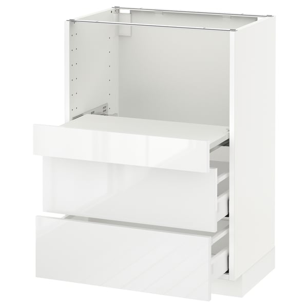 White high-gloss kitchen cabinet with drawer and shelf, modern sleek design.