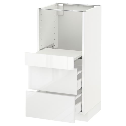 White METOD kitchen cabinet with glossy drawers and metallic frame.
