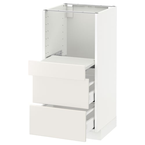 A white METOD kitchen cabinet with smooth, modern design, featuring multiple drawers for storage.