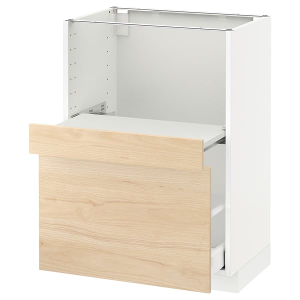 METOD kitchen cabinet, light ash, white & wood, rectangular, modern design with a pull-out shelf.
