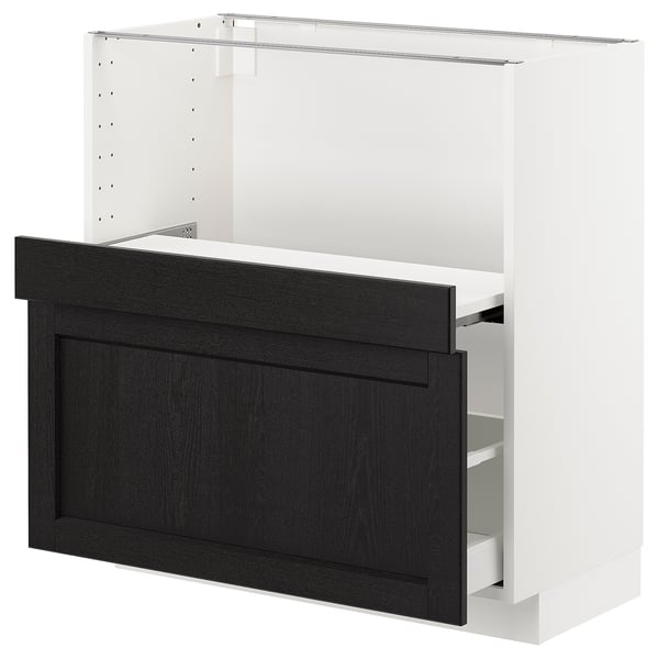 An ikea METOD kitchen cabinet with black-stained lerhyttan drawers, featuring a traditional design.