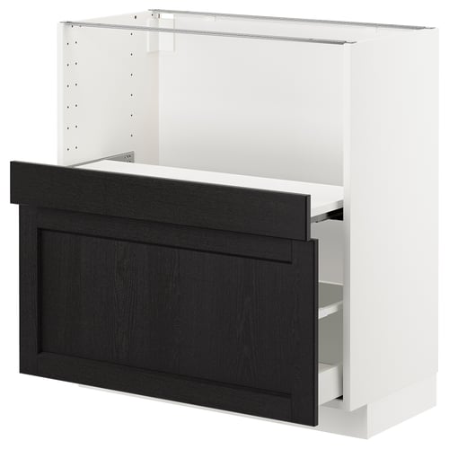 An ikea METOD kitchen cabinet with black-stained lerhyttan drawers, featuring a traditional design.