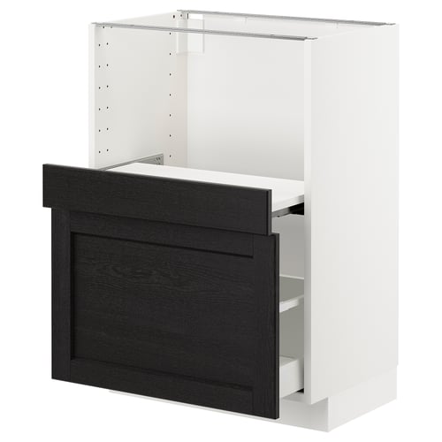 Modern white kitchen cabinet with dark wooden drawer, sleek design, white frame, and a single drawer.