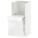 A white glossy METOD kitchen cabinet unit. It a drawer and open storage space, designed for modern kitchens.