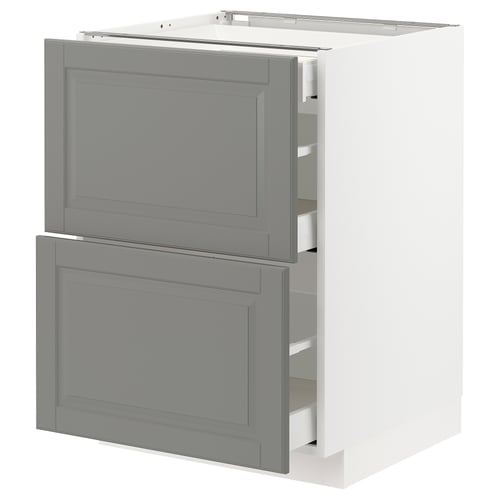 Grey ikea METOD kitchen cabinet with two open drawers.