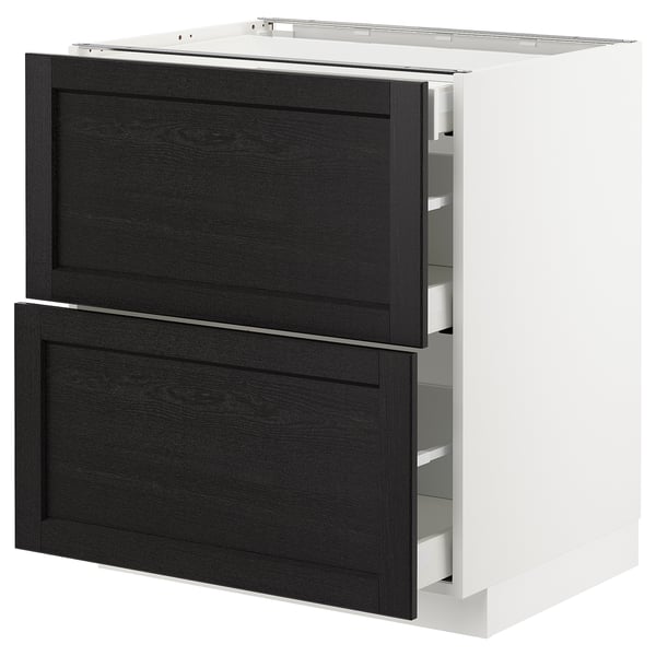 A METOD kitchen cabinet in white with dark grey lerhyttan drawer fronts. It has two drawers, sleek design, and bevelled edges.