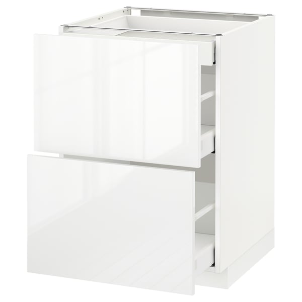 White high-gloss kitchen cabinet with two drawers, modern design and clean lines.