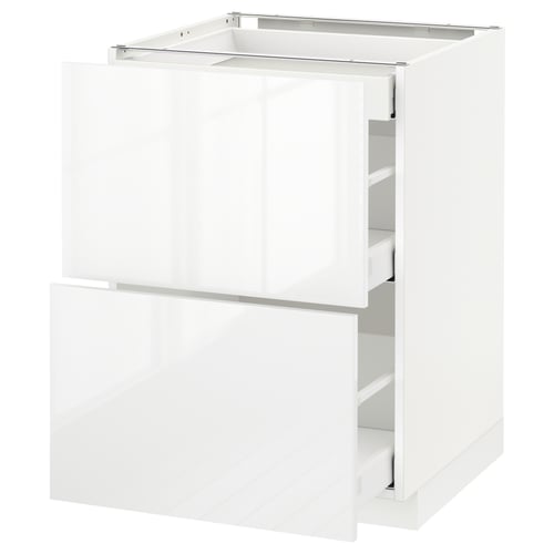 White high-gloss kitchen cabinet with two drawers, modern design and clean lines.