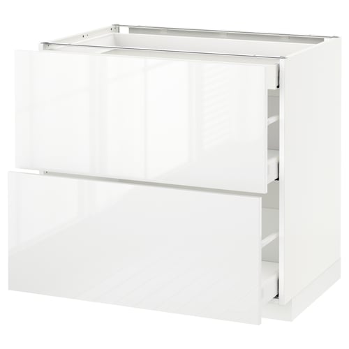 High gloss white METOD kitchen unit. Multiple drawers, sleek design.