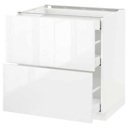 A white METOD kitchen cabinet with two drawers. It has a sleek, modern design with glossy scandinavian style.